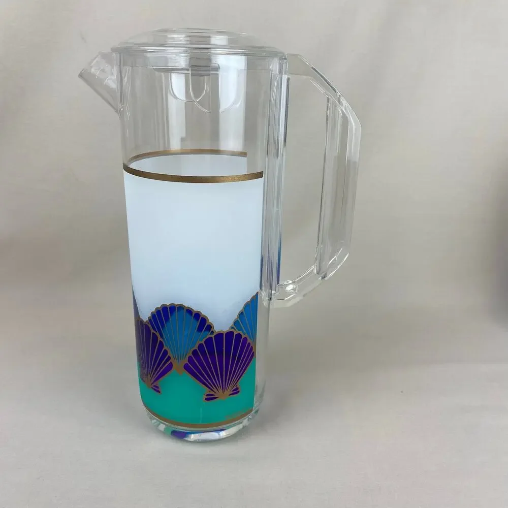 Vintage Culver USA Teal Purple Blue Seashell Bar Set Tray Pitcher Ice Bucket